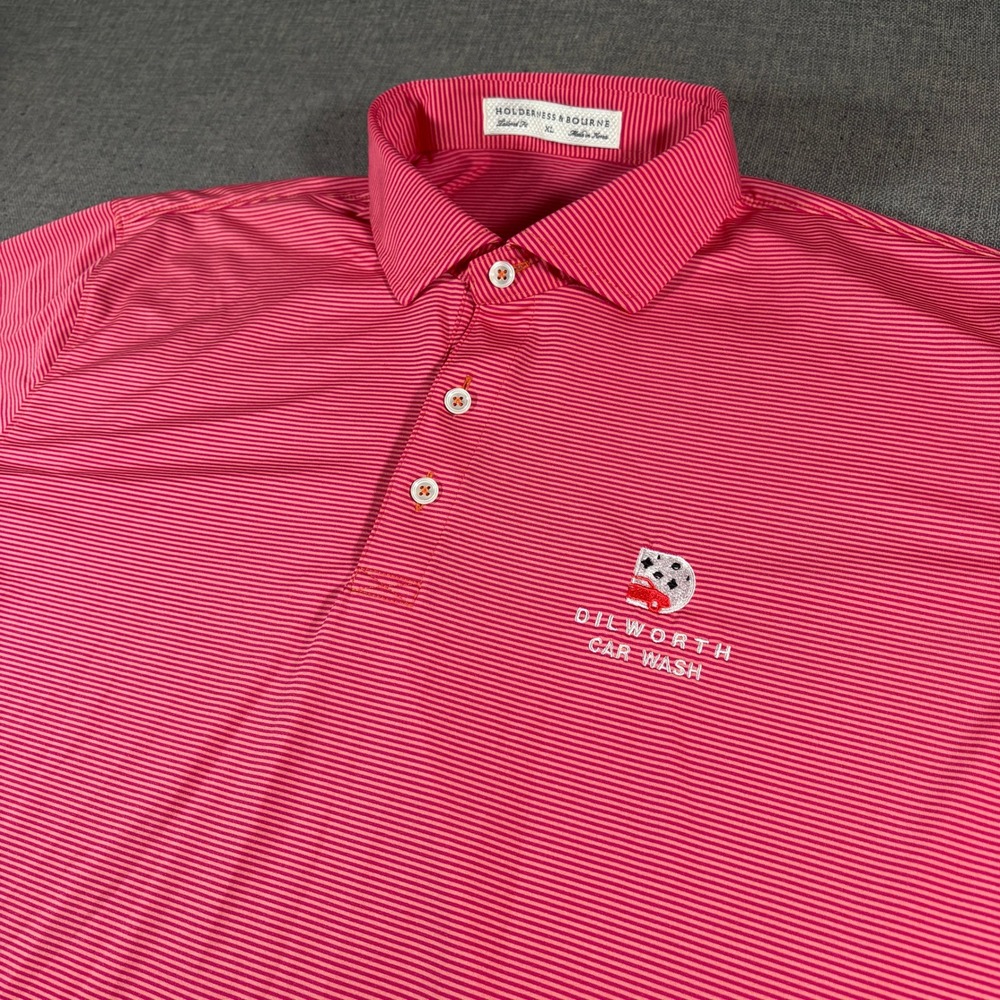Holderness & Bourne Polo Shirt Mens XL Pink Micro Stripe Tailored Fit Logo